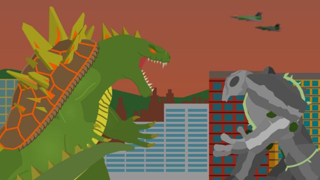 The titular monster, Excidio, confronting a rock golem, of which has vines wrapped around its limbs. Fighter jets soar above them and the surrounded city of Rio De Janiro.