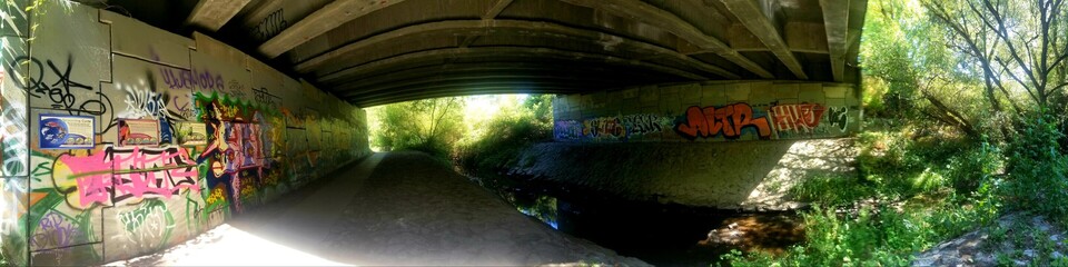 Graffiti on both sides of overpass foundation walls. Trail runs underneath the overpass.