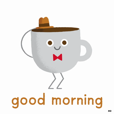 An animated image of a coffee cup tipping it's hat. The coffee cup has blinking eyes and a little red bow tie.