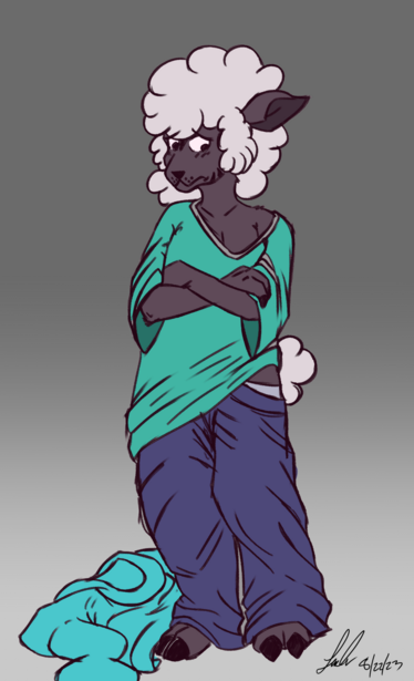 Vee standing post transformation into a female anthro sheep. She has a sheepish expression on her face. Hair is now wooly. She stands cross-armed, wearing clothing that is way too big for her after shrinking from her transformation. Her iconic jacket is discarded on the floor.