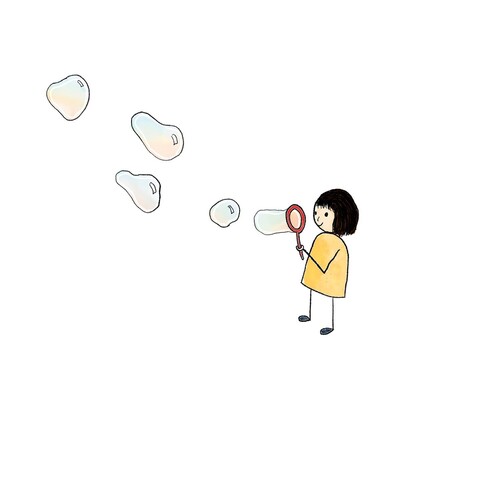 Digital stick figure drawing of a young child blowing soap bubbles