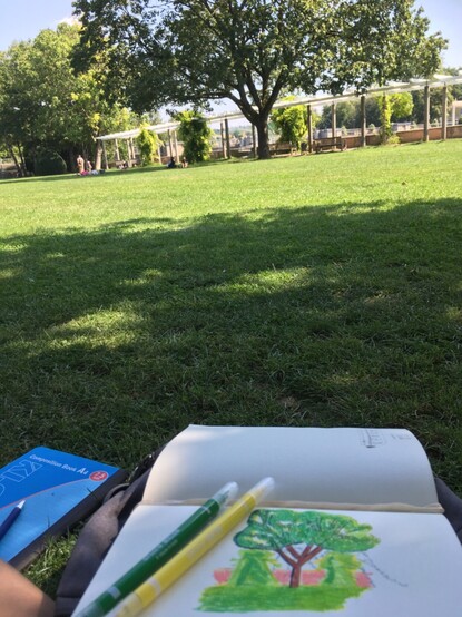 Sketchbook with doodle in the foreground. In the Background there’s the tree that I drew while sitting in the park