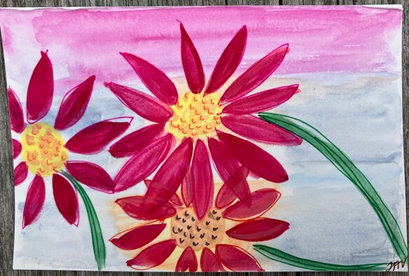 Watercolour, gouache, and fine point marker painting of 3 long petal flowers in dark pink with golden yellow texture centres.