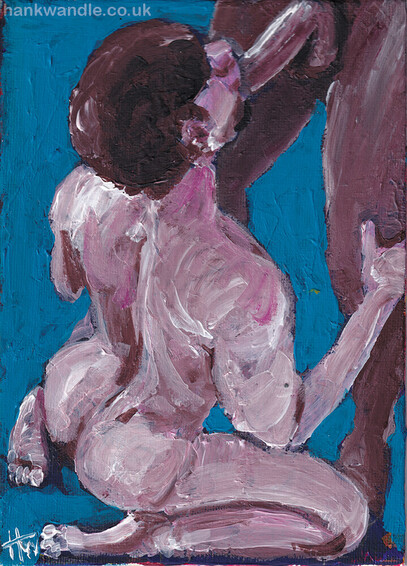 a fairly expressionist acrylic painting of oral sex. 5x7" on a canvas panel