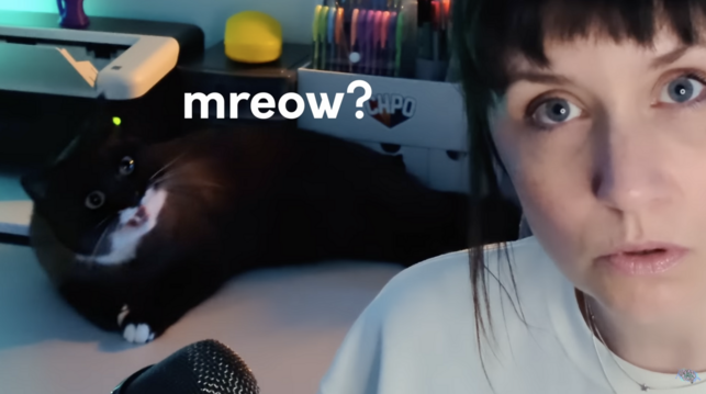 Still from early in the video, where Mica’s black-and-white cat Boba is reclining in the background, apparently meowing. There is overlaid text: ‘mreow?’ Meanwhile Mica, a young white woman with dark hair, is in close-up at the side of the frame, looking into the camera. A microphone is just in shot in front of her.