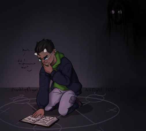 digital art of a young man with small white horns kneeling on the floor in the middle of a chalk summoning circle with an open book. He is saying to himself "huh, did I mispronounce that?". The background behind him is cast in deep shadow and in the top right there is a spooky, ghostly face just barely visible, peering at the boy.