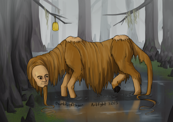 digital art of a supernatural creature standing in a foggy swamp. the creature has a body like a water buffalo, a long thin tail, and a long neck with the head and face of a human man. The body is covered in long rusty orange fur that is dragging in the water. There is a bell hanging from a tree branch over the creatures head
