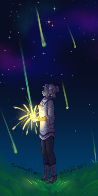 digital art of a woman with light blue skin and white hair standing in a grassy field underneath a night sky. There are stars falling around her and she has caught one in her hands. It is casting a warm yellow glow on her blouse and face