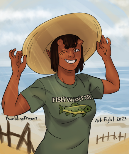 digital art of a tiefling girl with red skin, short triangular horns, and chin length black hair. She is standing in the sun in front of a beach wearing a wide brim sun hat and a t-shirt with a fish and text that says "Fish want me".