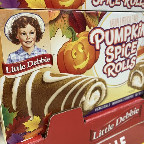 The front of a box of Little Debbie brand Pumpkin Spice Rolls.