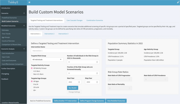 A screenshot of our custom model scenario builder in the Tabby2 application