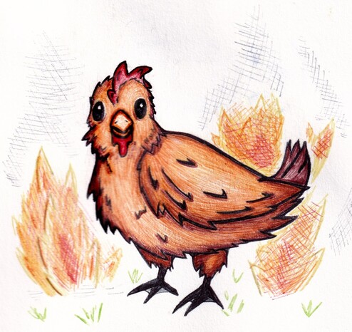Ballpoint pen drawing of a fire elemental chicken
