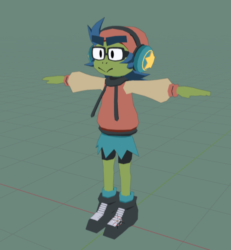 Frog character with blue hair and headphones. She is wearing an orange hoodie, big glasses and is T-Posing.