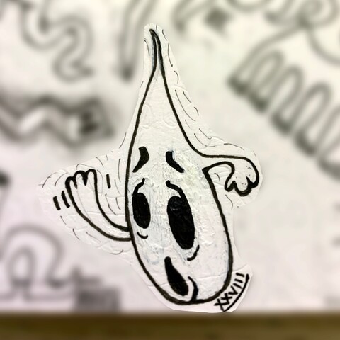 detail of the aughost day 28 drop. ghost water drop looks concerned and is waving. there is a roman numeral 28.
