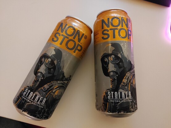 The Stalker energy drink from or trip to Gamescom laying on a table.