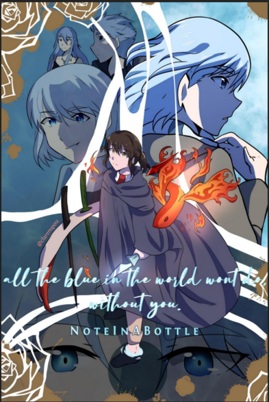 Cover Art for NoteInABottle's "all the blue in the world won't do, without you"

Bam stands in the center, holding a glass dagger and looking up. On his right,  his Amor Inventory is out, showing the Black March and the Green April. On his left, above his shoulder, the firefish swims in midair.

Behind him and underneath him, a reflective watery surface shows from top left to bottom right, Maschenny, Ran, Kiseia, Khun Aguero Agnis, and at the bottom, with only eyes looking right at the viewer, is Khun Eduan.

In the corners are splotches of brown that look like bloodstains, covered over by transparent, white-outlined roses.