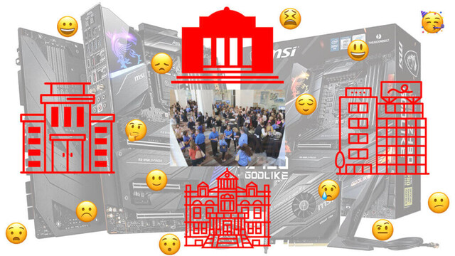 Meeting problem: a photograph of a crowd of people talking at a conference is surrounded by face emoticons representing various emotions plus four red icons of meeting venues. In the background are images of computer high-end graphic cards.