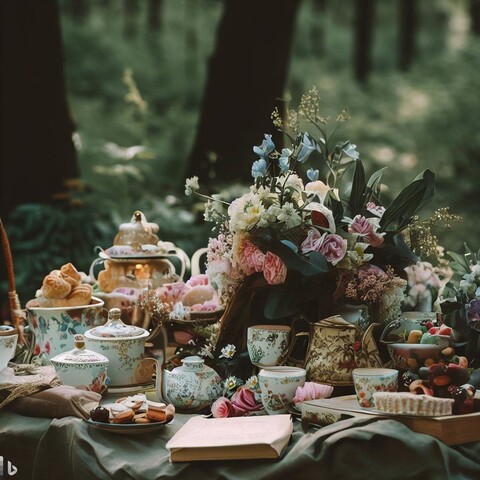 Tea party in the forest(Create by Bing Image Creator)