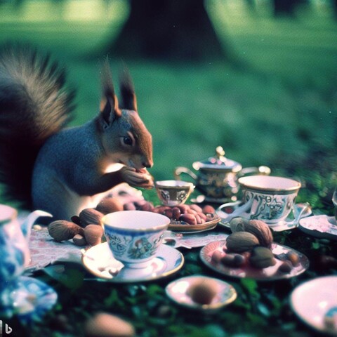 Tea party in the forest, one squirrel nibbling on walnuts, 35mm lens(Create by Bing Image Creator)