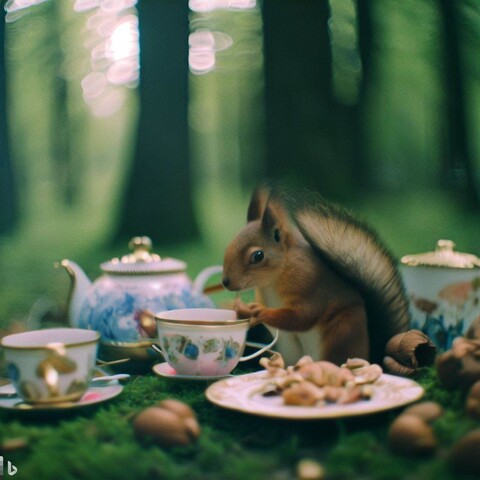 Tea party in the forest, one squirrel nibbling on walnuts, 35mm lens(Create by Bing Image Creator)