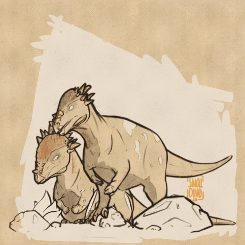 A sketchy illustration of 2 pachycephalosaurus hugging, one is sat down on the ground being petted by the other one on its right.
There's moving plants in the foreground