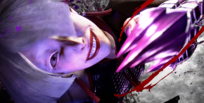 Screenshot of the game Street Fighter 6. Sideways closeup of a slender woman sporting a maniacal grin with out of focus claws in the foreground. One of her eyes is obscured by her white hair