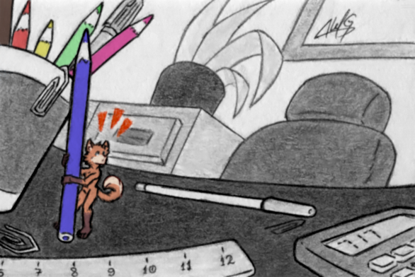 a colored pencil drawing of a small orange wolf/husky standing amidst giant desktop adornments.
