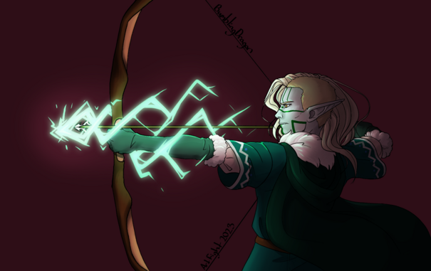digital artwork of an elf with pale blue skin and platinum blonde hair that is half shaved and half long, facing left on a deep maroon backdrop. She is wearing a green outfit with a fur lined cloak and has matching green lines painted on her face. She is drawing a longbow and her arrow is wrapped in bright lightning magic that is casting a blue-green glow across her arm and face.