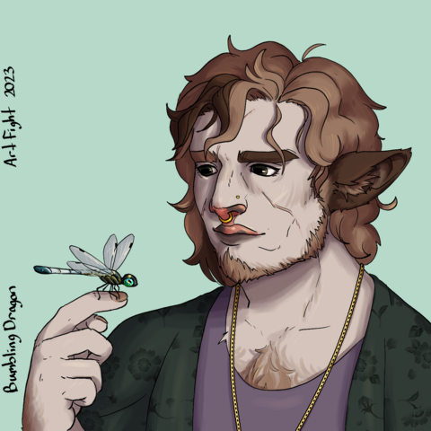digital portrait of a firbolg man, a humanoid with cow-like facial features, cow ears, and soft fur covering his body. He has mouse brown, wavy hair down to his chin and spotted pink nose and lips. There is a dragonfly perched on his finger that he is looking at softly