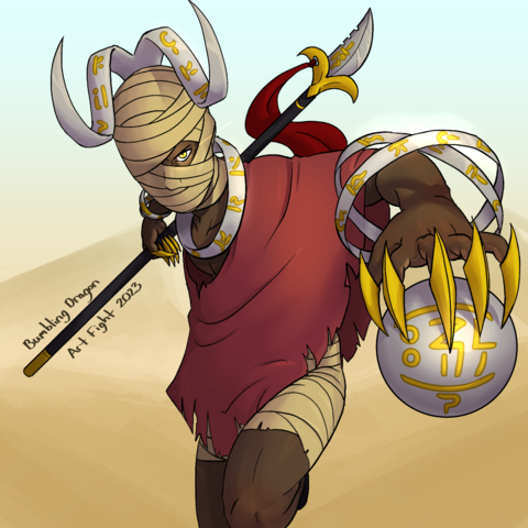 digital art of a man with dark skin wearing a torn up red poncho top and wrapped bandages, running towards the camera. His whole face is covered in bandages except one eye. He has floating metal ring accessories and long golden claws. His right arm is behind him holding a spear like weapon and his left hand is close to the camera holding a magical metal sphere