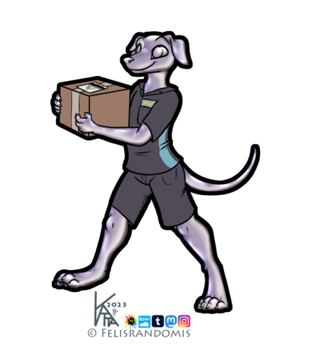 digital art of a silver metallic greyhound in courier clothing and walking with a sealed box package