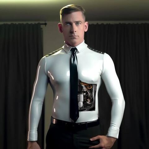 An AI drawn office droid in a white PVC dress shirt and black PVC tie stares ahead at attention. It has an abdominal panel open revealing machinery underneath. Its eyes glow gray and stare blankly ahead