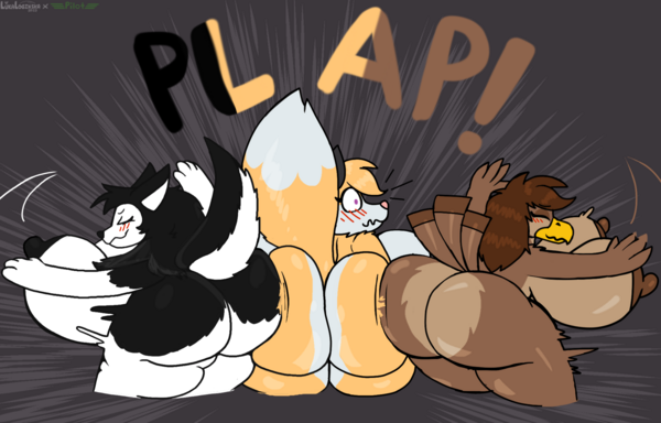 A thicc husky and a thicc eagle swing their butts to an equally thicc yellow fox, who looks surprised! It's Luka, Zera and Pilot