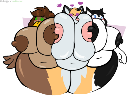 Conjoined boob squishage with an eagle, vixen and husky
