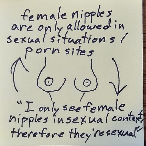 Quick drawing of a circle with crudely drawn cartoon boobs in the middle, the top of the circle is captioned "female nipples are only allowed in sexual situations/porn sites"
Which points down to a second caption that says: "'I only see female nipples in sexual context, therefore they're sexual'" and points back to the above caption