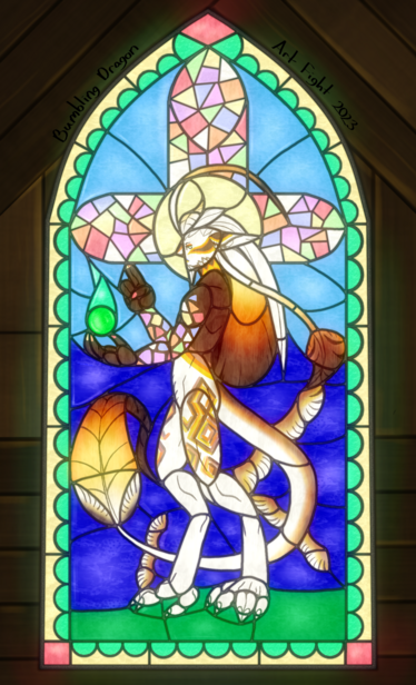 digital art of a brightly colored stained glass window depicting a humanoid character with orange and brown fur, digitigrade feet, and a tail lined with small wings. The character is posed like a saint and holding a small green orb. The window is glowing