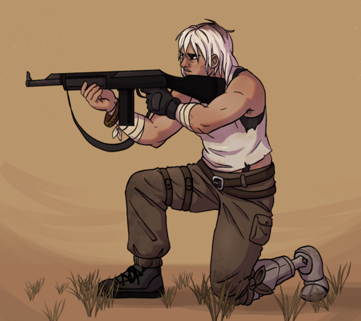 digital art of a muscular female character with white hair, wearing tattered and dirty clothes, crouching down on one knee and aiming a rifle. her left leg below the knee is a metal prosthetic