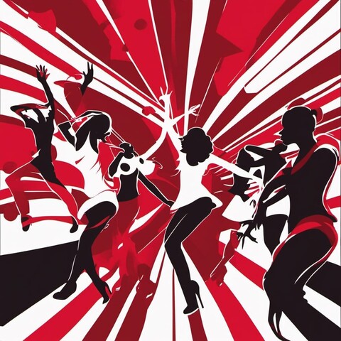 Dance music art: cartoon style, featureless people styled in black with red or white clothes, dance to music, depicted as emanating as mostly thick red lines, some as black, coming from a rear central point