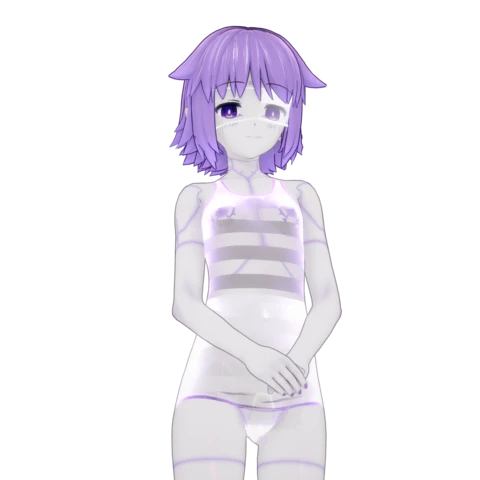 Android Vicky showing herself with her hologram swimsuit which doesn't hide/conceal anything