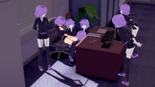 経験 Vicky masturbating her pussy in an office surrounded by 6 Android Vicky all looking at her.
One Android Vicky being directly under the desk 経験 Vicky is at, right in front of the mastubating action happening.