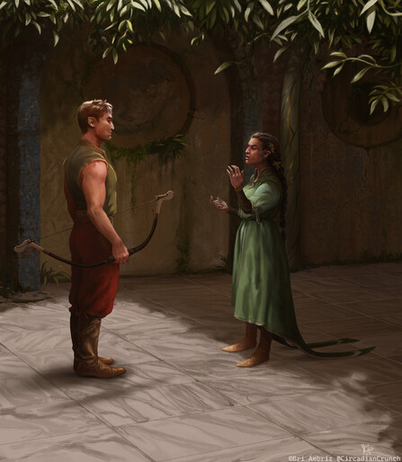 A younger man is admonished by an older woman. He is carrying a bow, and is wearing a sleeveless vest, baggy pants and tall boots.
The woman, his mother, is wearing a modest high necked dress and boots. Her hair is in thick plaits woven through with gold wire.
They are in a marble courtyard with mosaic tile arches.
