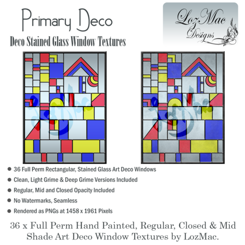Two stained glass windows in an art deco style. These are painted in primary colours - red, yellow and blue. The one on the left is clean, the window on the right hand side has grubby dirt.