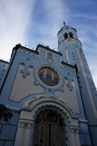 The Church of St. Elizabeth in Bratislava. This beautiful church is painted a striking baby-blue colour and is decorated in the art nouveau style.