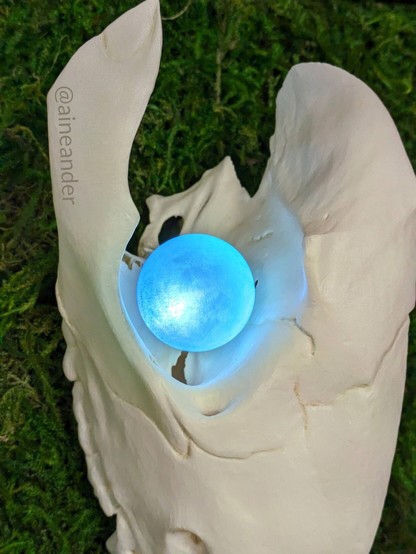 Part of a white skull with a glowing blue orb for an eye sits on a background of moss.