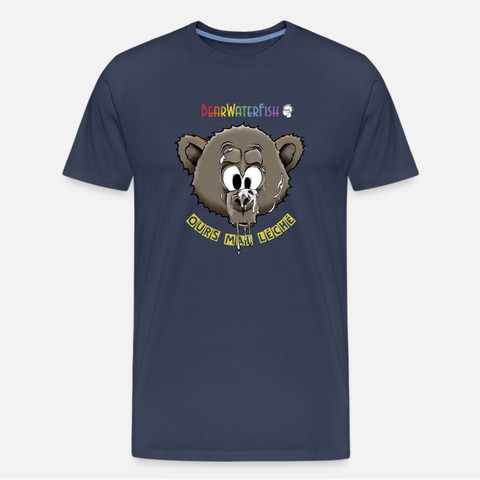 T-shirt bleu marine imprimé avec le dessin d'une tête d'ours et les inscriptions "Bearwaterfish" et "Ours mal léché".