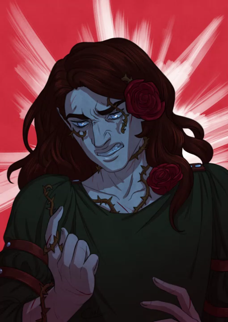 timelapse of a drawing by caal showing a character with long hair and roses with thorns around some parts of his body, hurting him