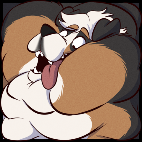 An icon showing the face of an extremely fat anthropomorphic Bernese mountain dog with his tongue hanging out over his many chins