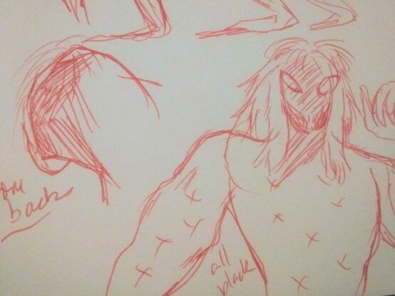 Red pen sketches snippet of character figure. Here is a beast seen from the back, their mask separate from their body, while her standing, muscly version is to the right. This version's face is obscured with sketch lines, toothy grin and eye slits only visible.