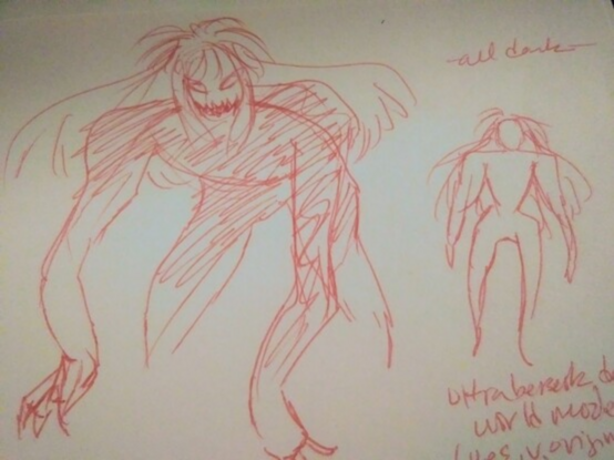 Red pen sketches snippet of character figures. To the left is a beast looking like she's about to stand up, elongated legs and arms. To her right, is a small quick doodle of how they'd look upright.