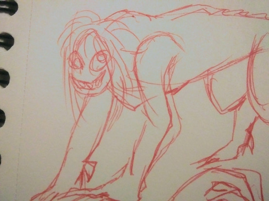 Red pen sketches snippet of a character figure. Here we see the beast moving her eyes like a chameleon's, while we see her on all fours. Picture cuts off near the rear end and hind legs.
